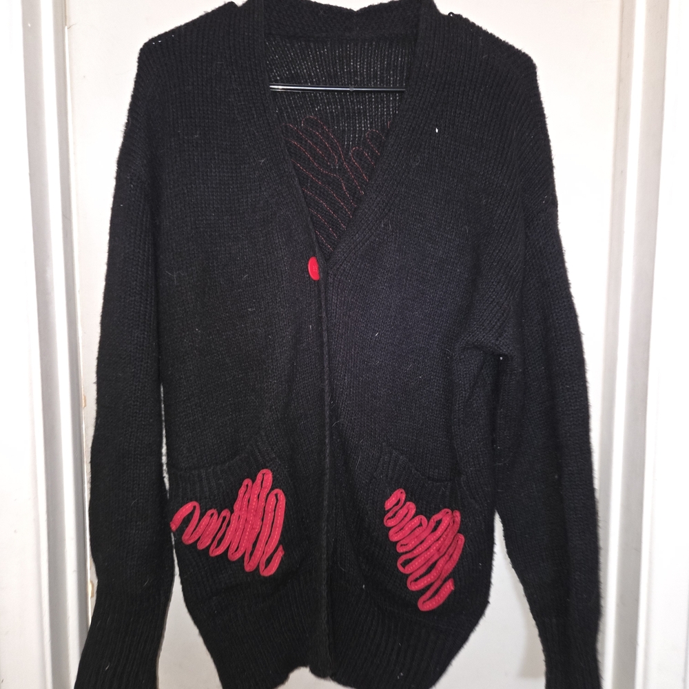 Charming Black Cardigan with Red Heart Details